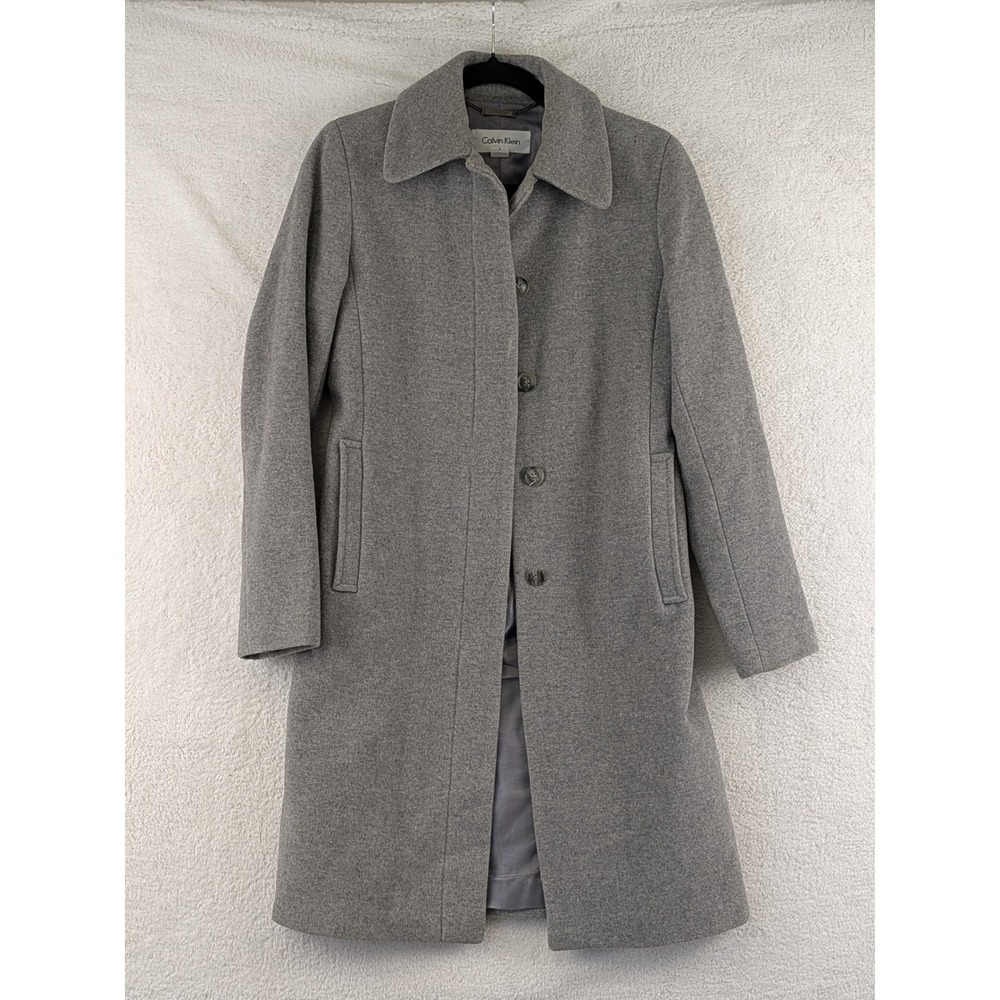 Calvin Klein Womens Gray Wool Blend Single Breasted Car Coat Size 2